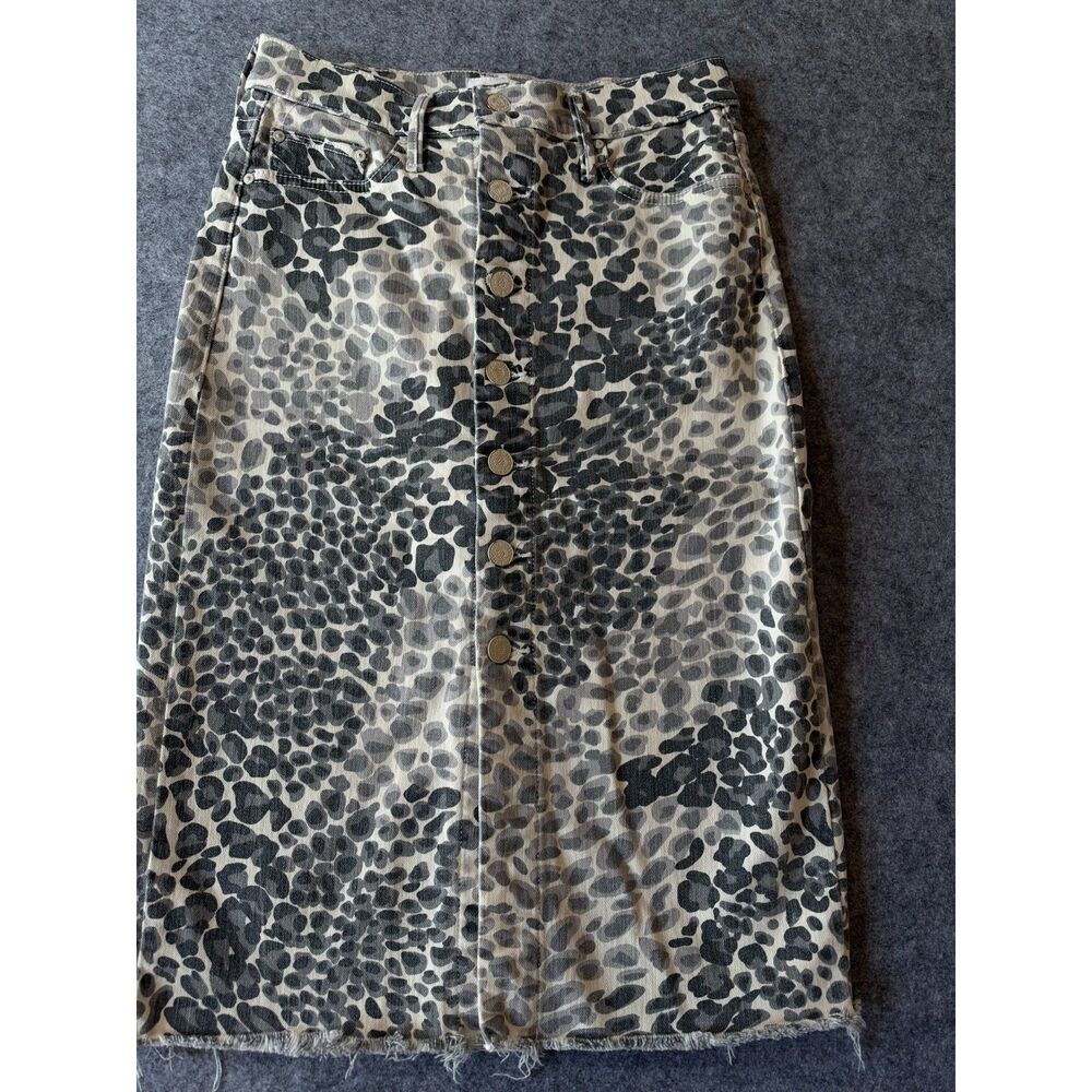 Mother High Waisted Button Down Knee Skirt Leopard Denim Raw Hem Sz 25 $300